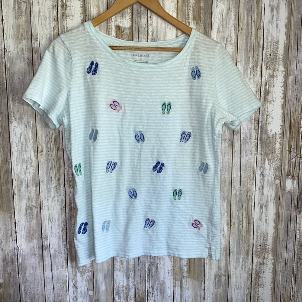 Talbots Blue Striped Embroidered Flip Flop Tee
